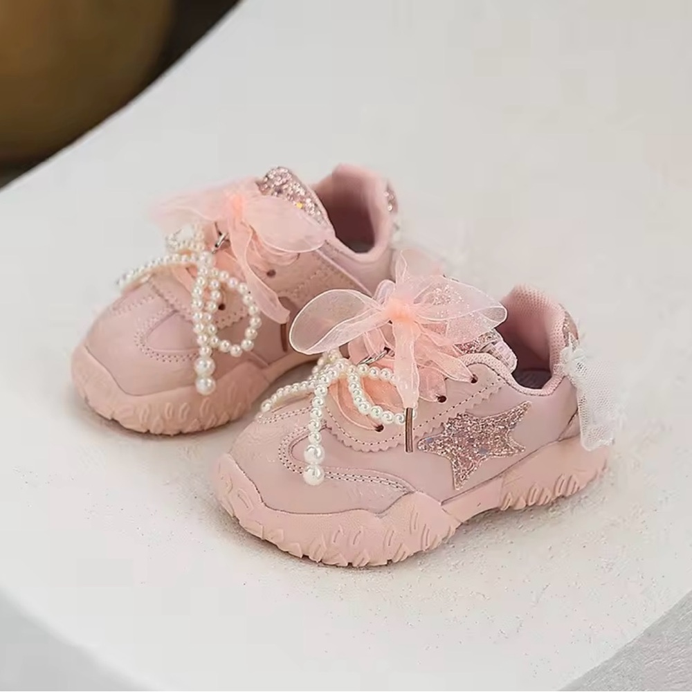 Pink Glitter Star Sneakers w: Pearls & Bows – Toddler Girls Shoes (EU 23 / US 7)